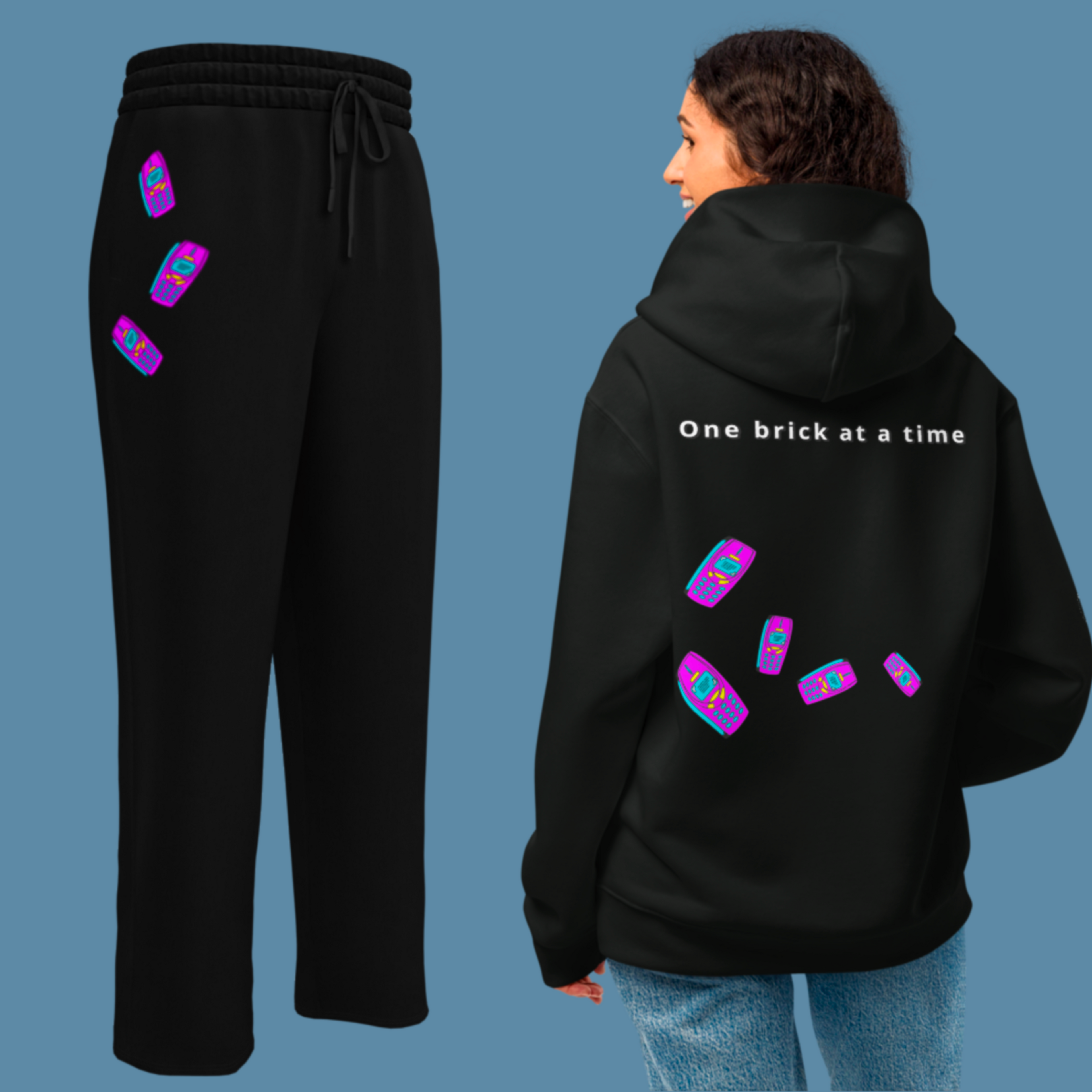 Purple QuotZee hoodie from Nokia bundle displayed on brick background, showcasing casual streetwear style.